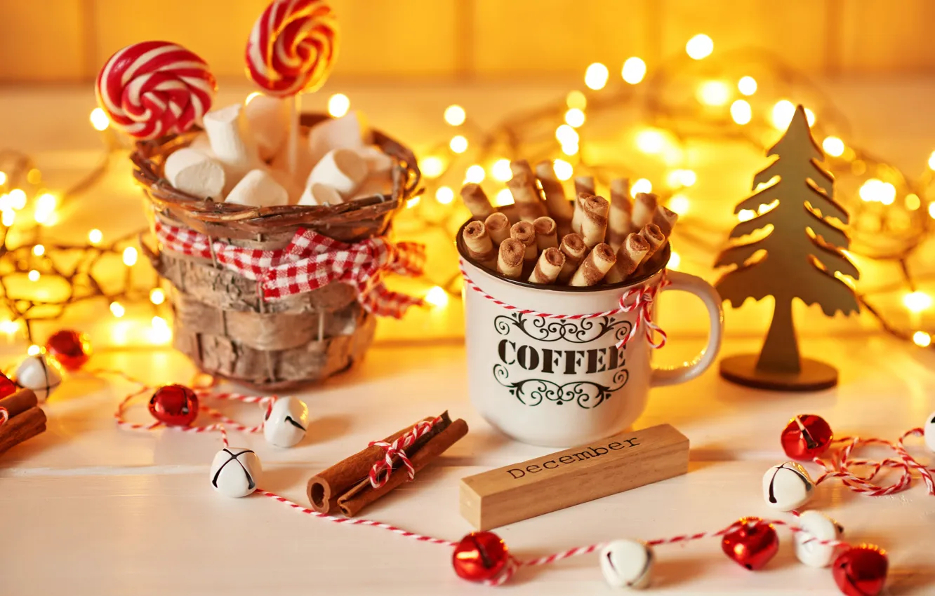 Фото обои палочки, Рождество, чашка, корица, декор, карамель, зефир, Yarovoy Aleksandr