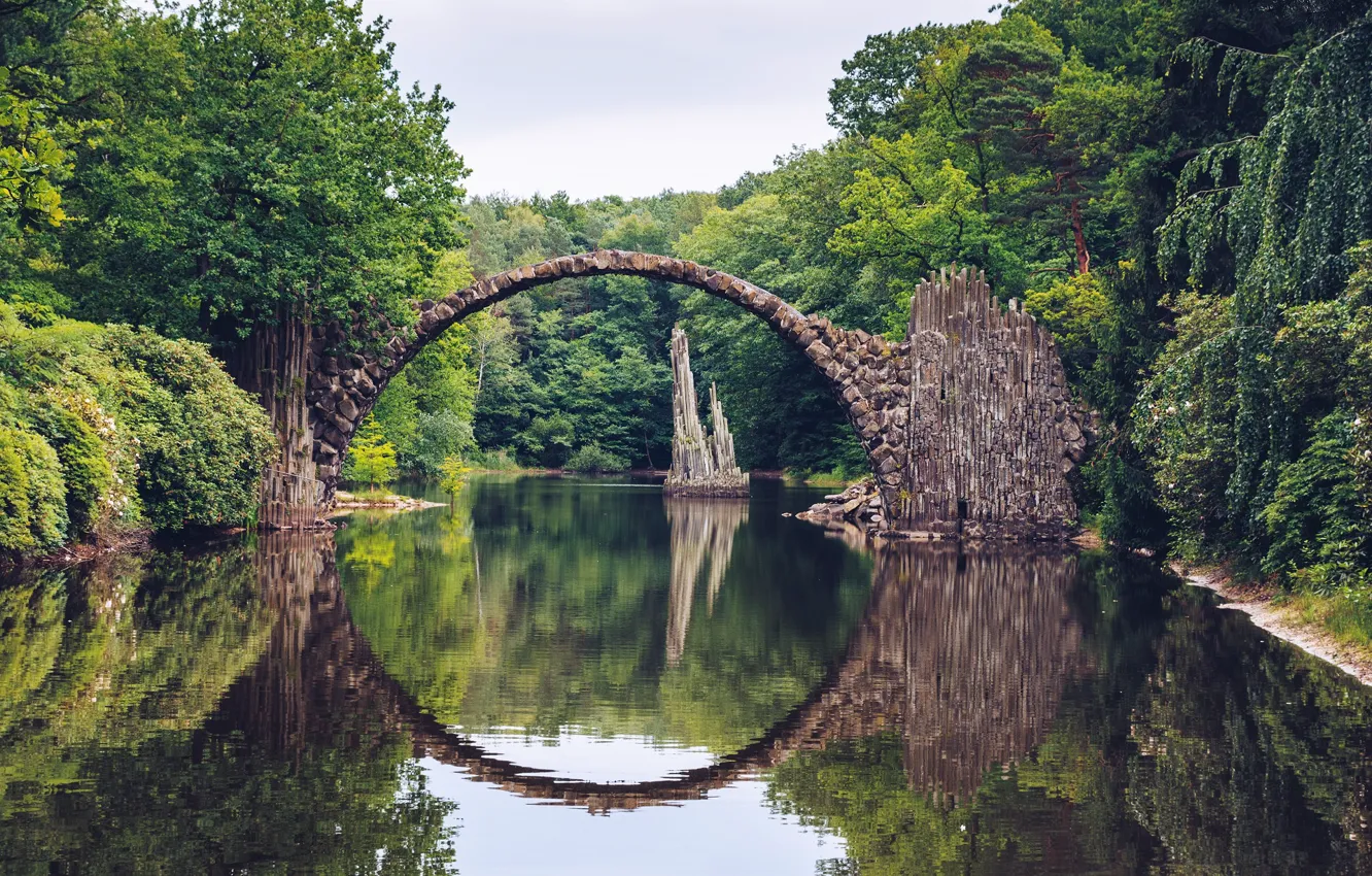 Фото обои вода, мост, природа, круг, Германия, Germany, Kromlau, Rakotz bridge
