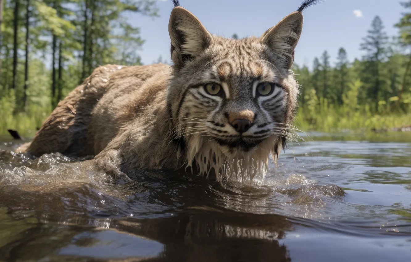 Фото обои Вода, Взгляд, Деревья, Морда, Хищник, Рысь, Цифровое искусство, Большая кошка
