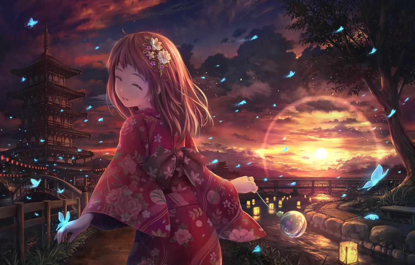Фото обои девушка, бабочки, закат, кимоно, Soraizumi