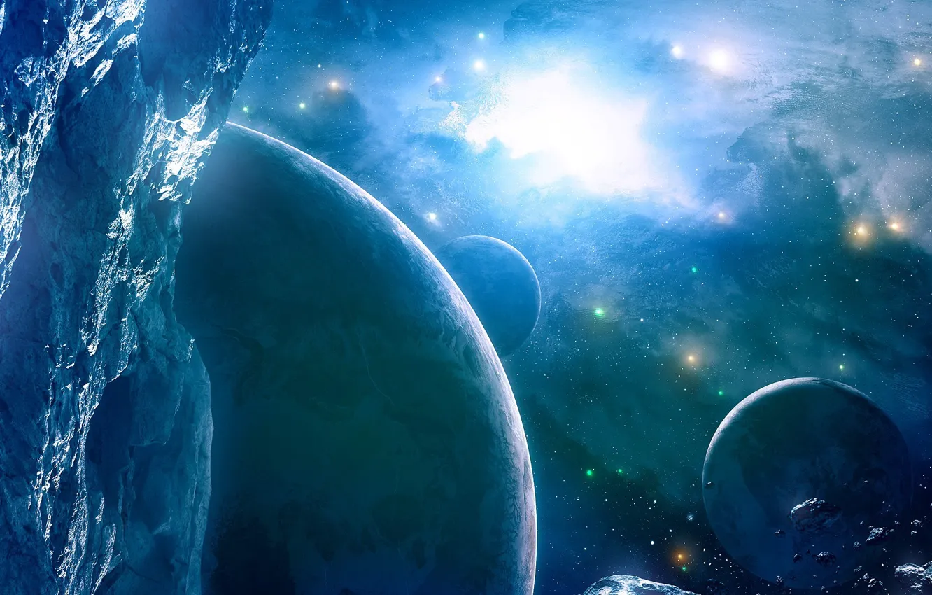 Фото обои космос, звезды, планета, астероиды, арт