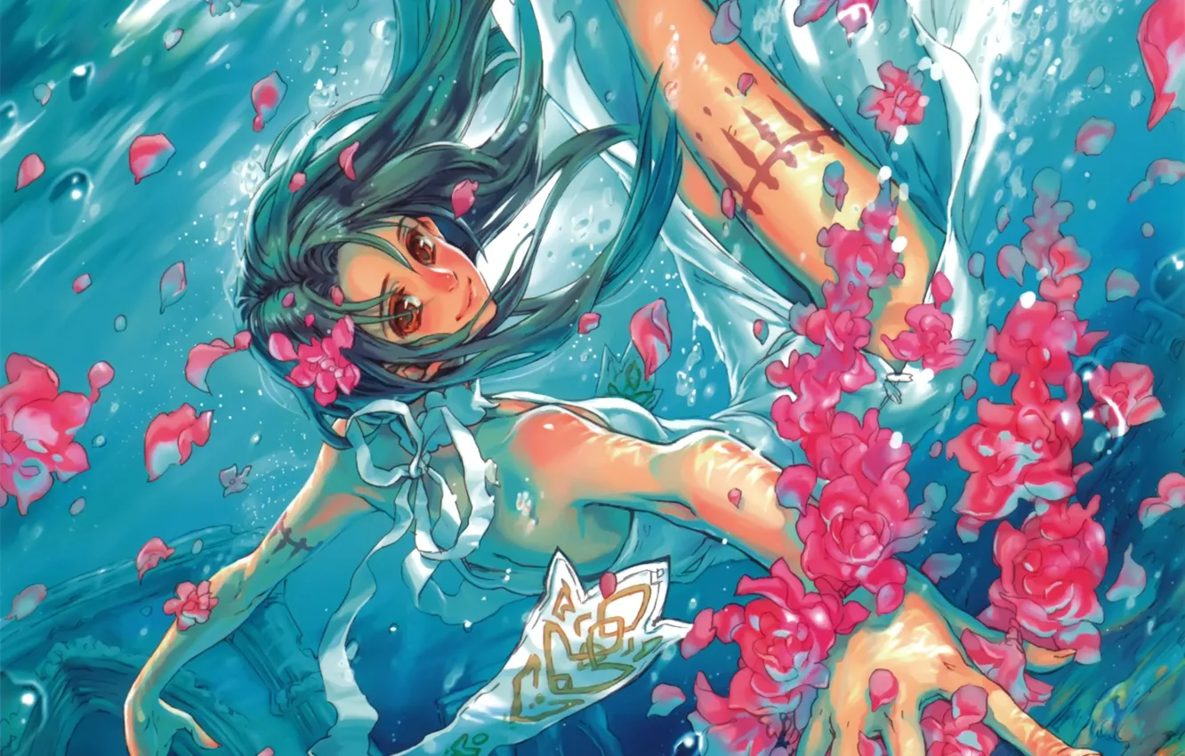 Фото обои девушка, цветы, пузыри, аниме, лепестки, арт, под водой, midori foo
