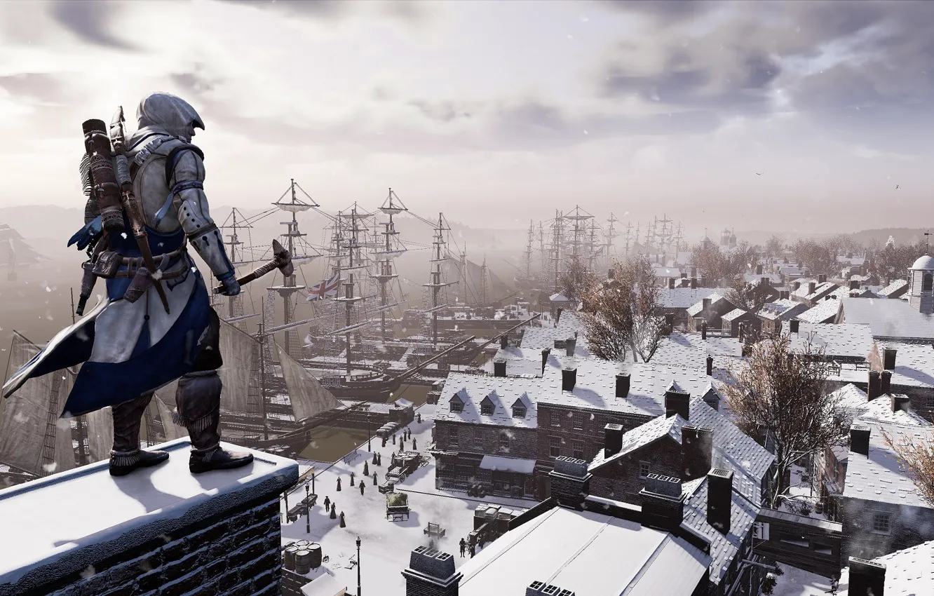 Фото обои парень, ассасин, Assassin's Creed III, осматривается