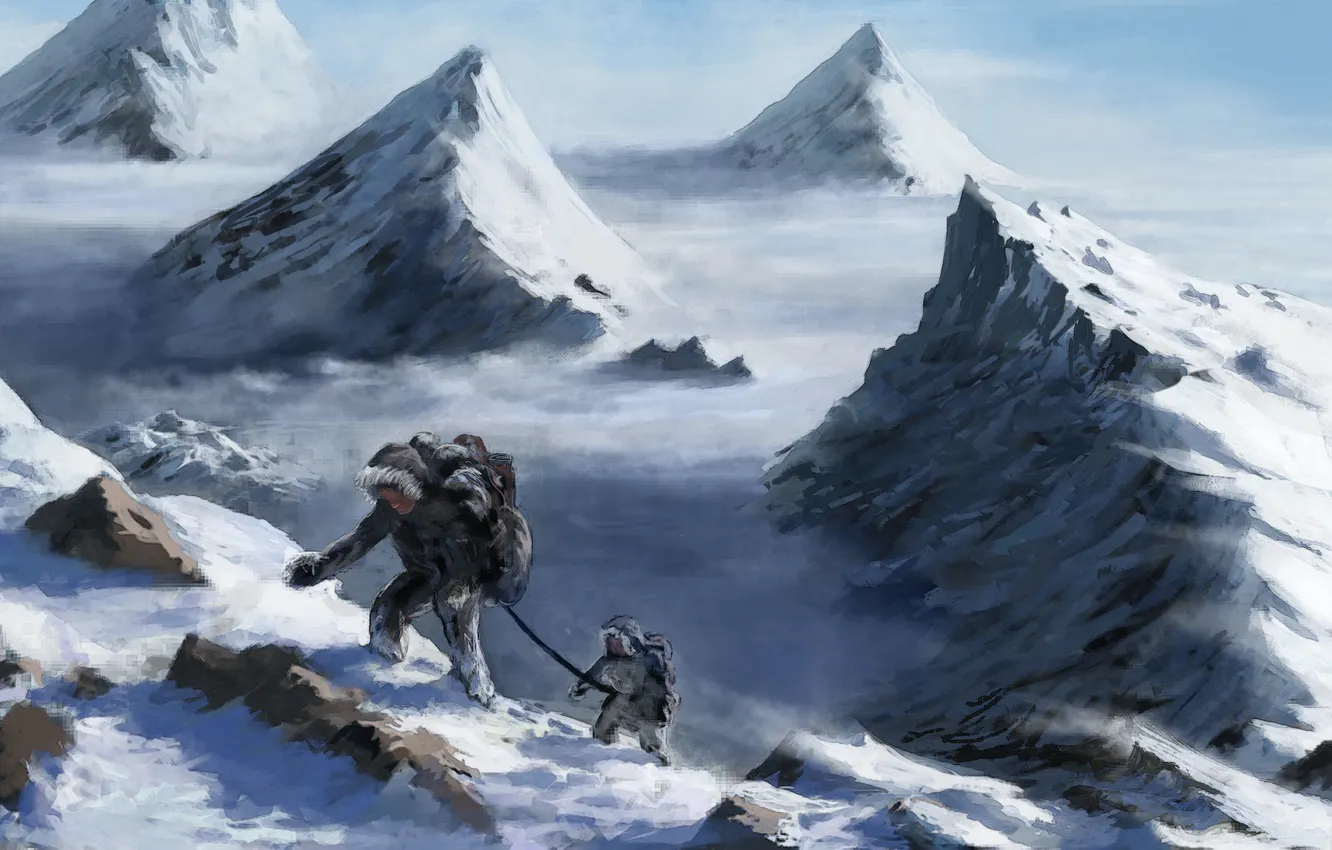 Фото обои снег, горы, вершины, высота, арт, альпинисты