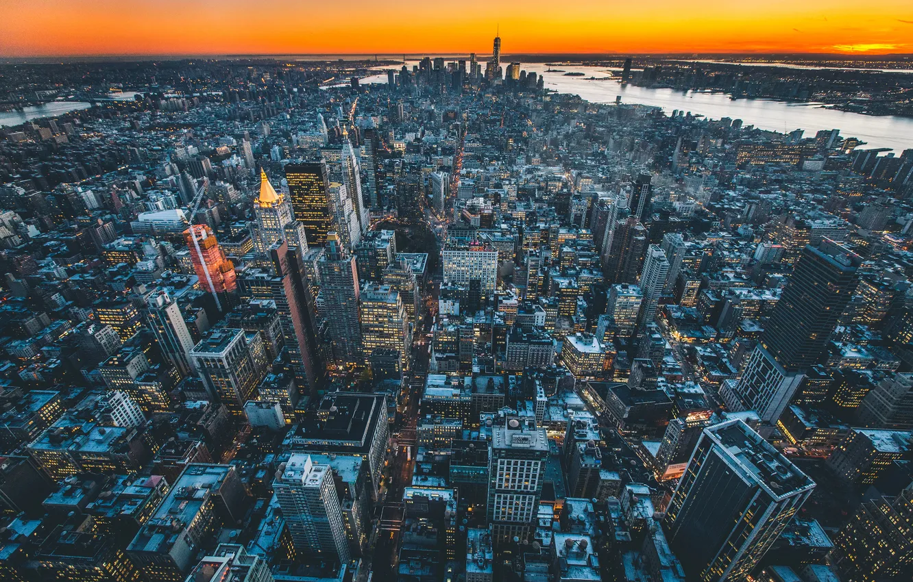 Фото обои закат, город, дома, небоскребы, USA, NYC, панорамма