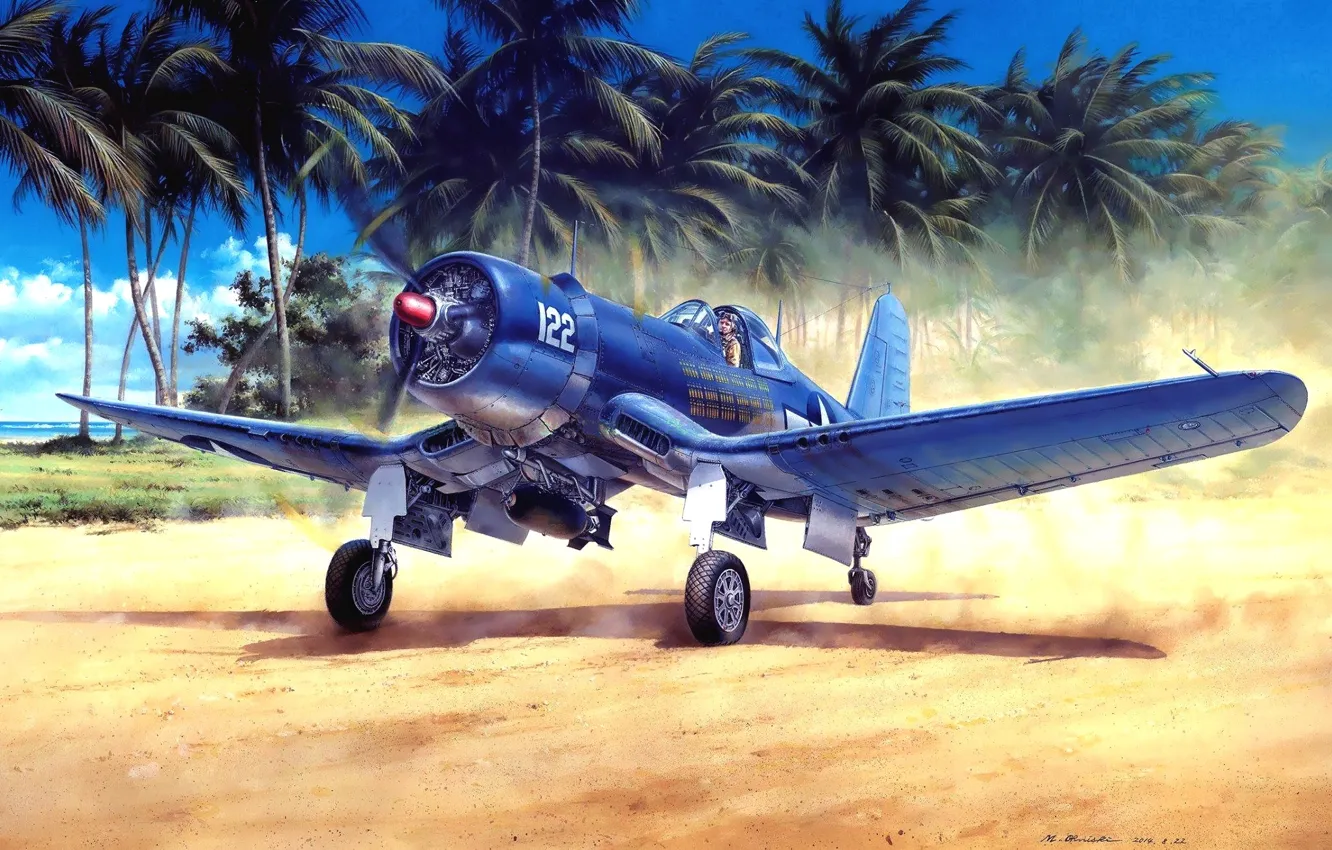 Фото обои истребитель, painting, поршневой, WW2, Chance Vought, ВМС США, КМП США, F4U-1A Corsair