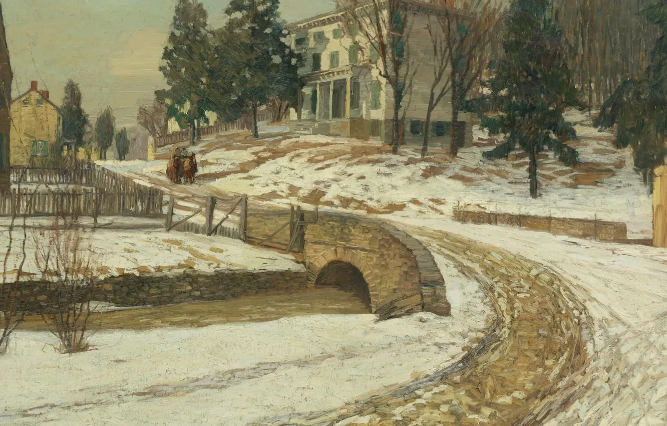 Фото обои зима, дорога, снег, пейзаж, мост, картина, Белый Дом, Edward Willis Redfield