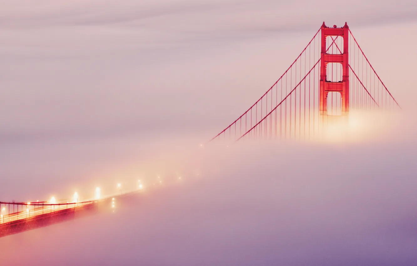 Фото обои мост, огни, туман, сан франциско, golden gate bridge