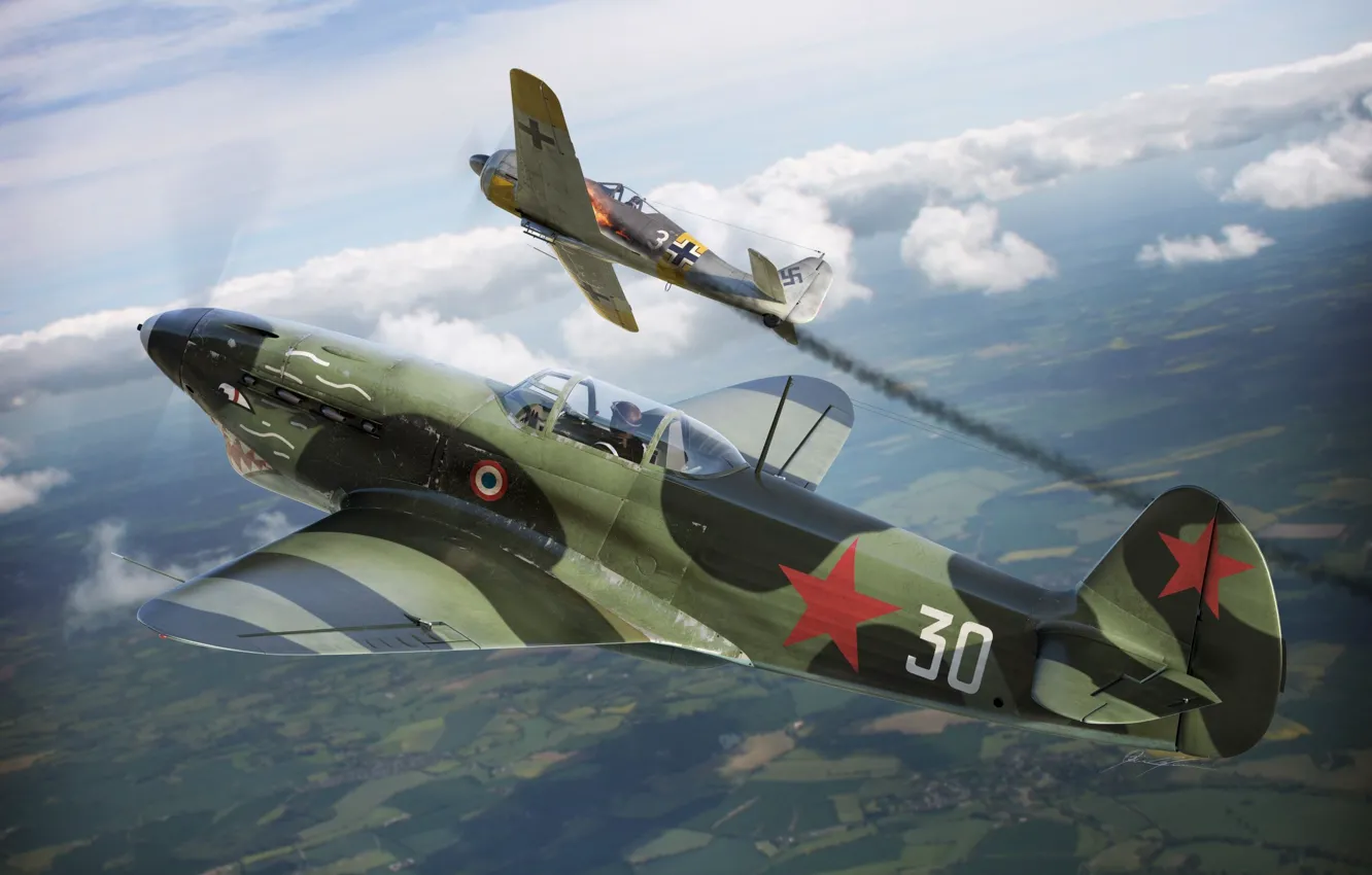 Фото обои Вторая мировая война, Люфтваффе, Як-1Б, Fw. 190A