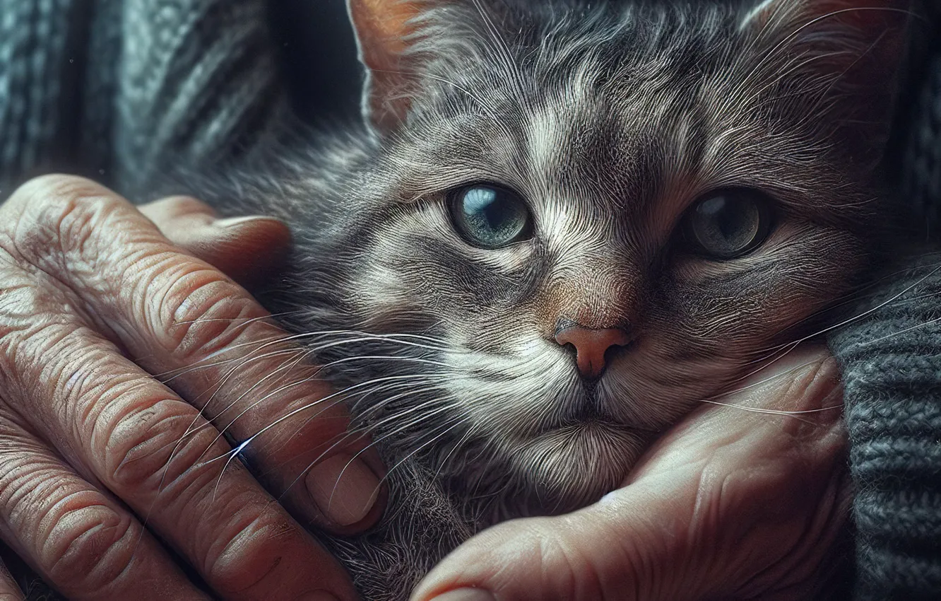 Фото обои кошка, кот, взгляд, поза, серый, портрет, руки, дед