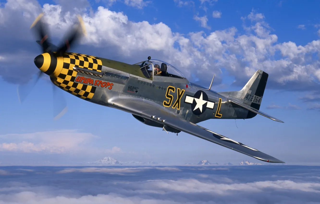Фото обои небо, облака, Mustang, истребитель, Мустанг, пропеллер, самолёт, P-51