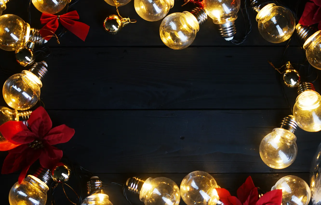 Фото обои украшения, lights, Новый Год, Рождество, Christmas, лампочки, wood, New Year