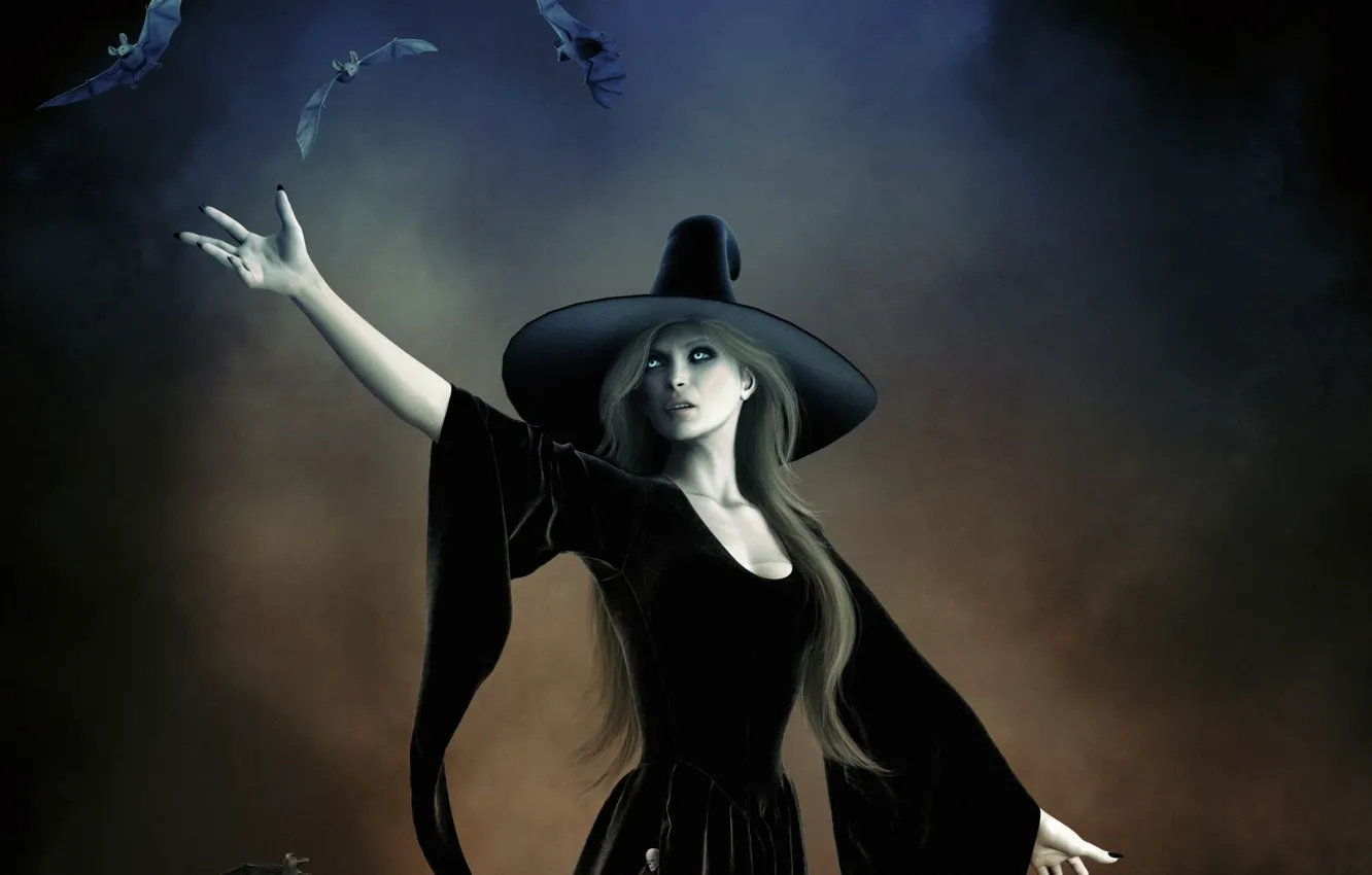 Фото обои тьма, ведьма, летучие мыши, witch, шляпа ведьмы, черная магия, проклятие