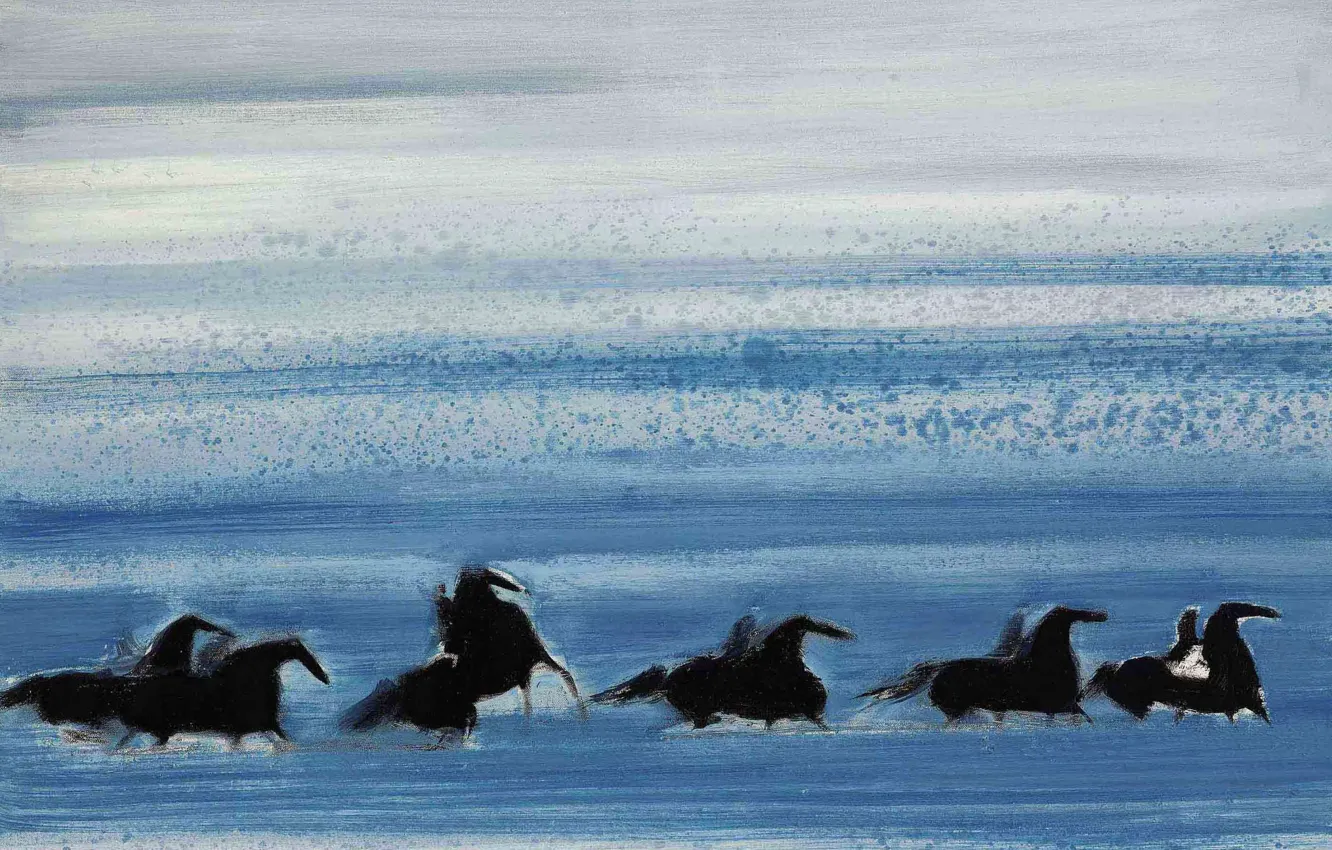 Фото обои море, пейзаж, картина, лошади, всадники, Andre Brasilier, Кавалькада у Волн