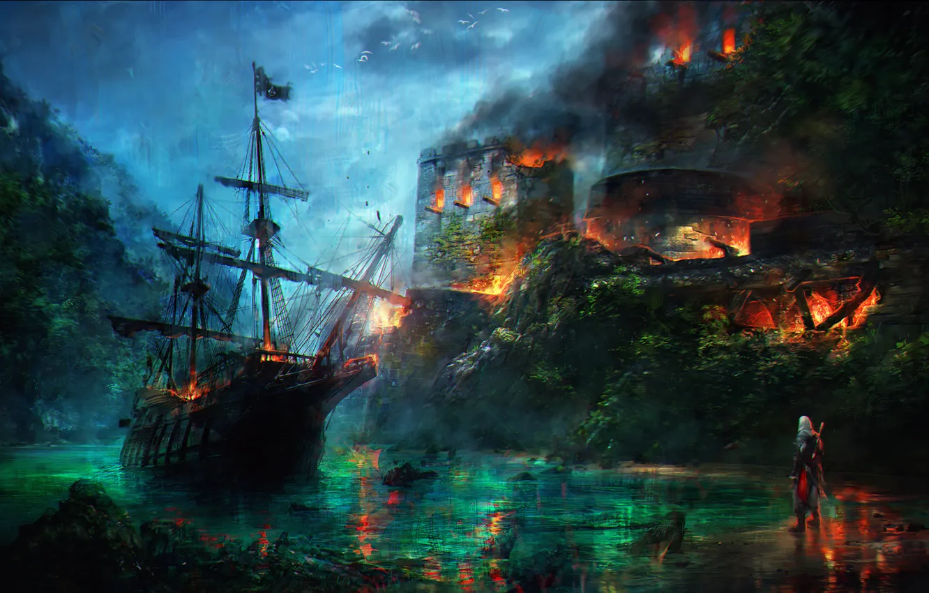 Фото обои корабль, крепость, горит, ассасин, Assassin's Creed, Black Flag, Assassin's Creed IV: Black Flag