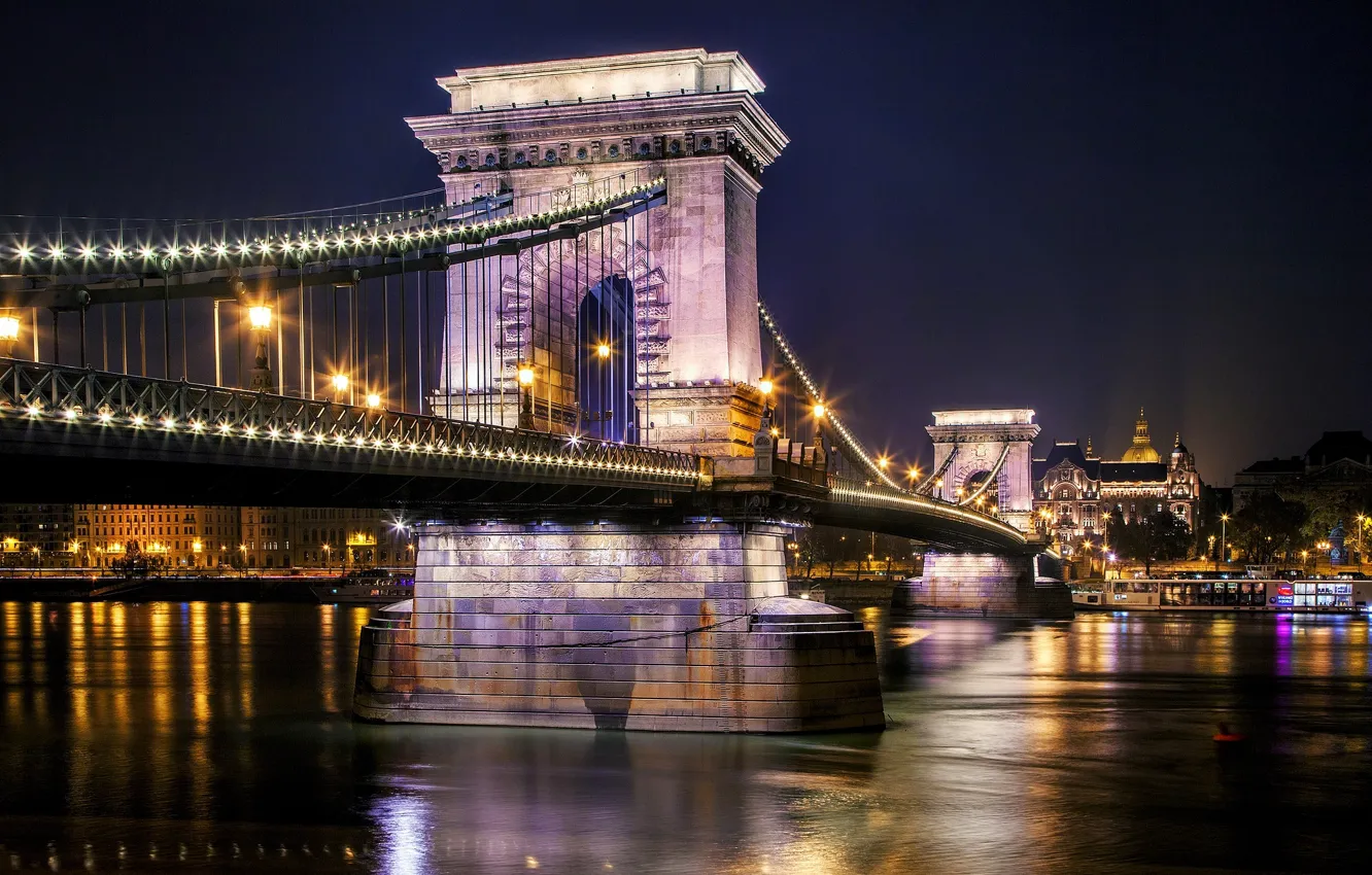 Фото обои свет, ночь, город, отражение, река, Венгрия, Будапешт, Дунай