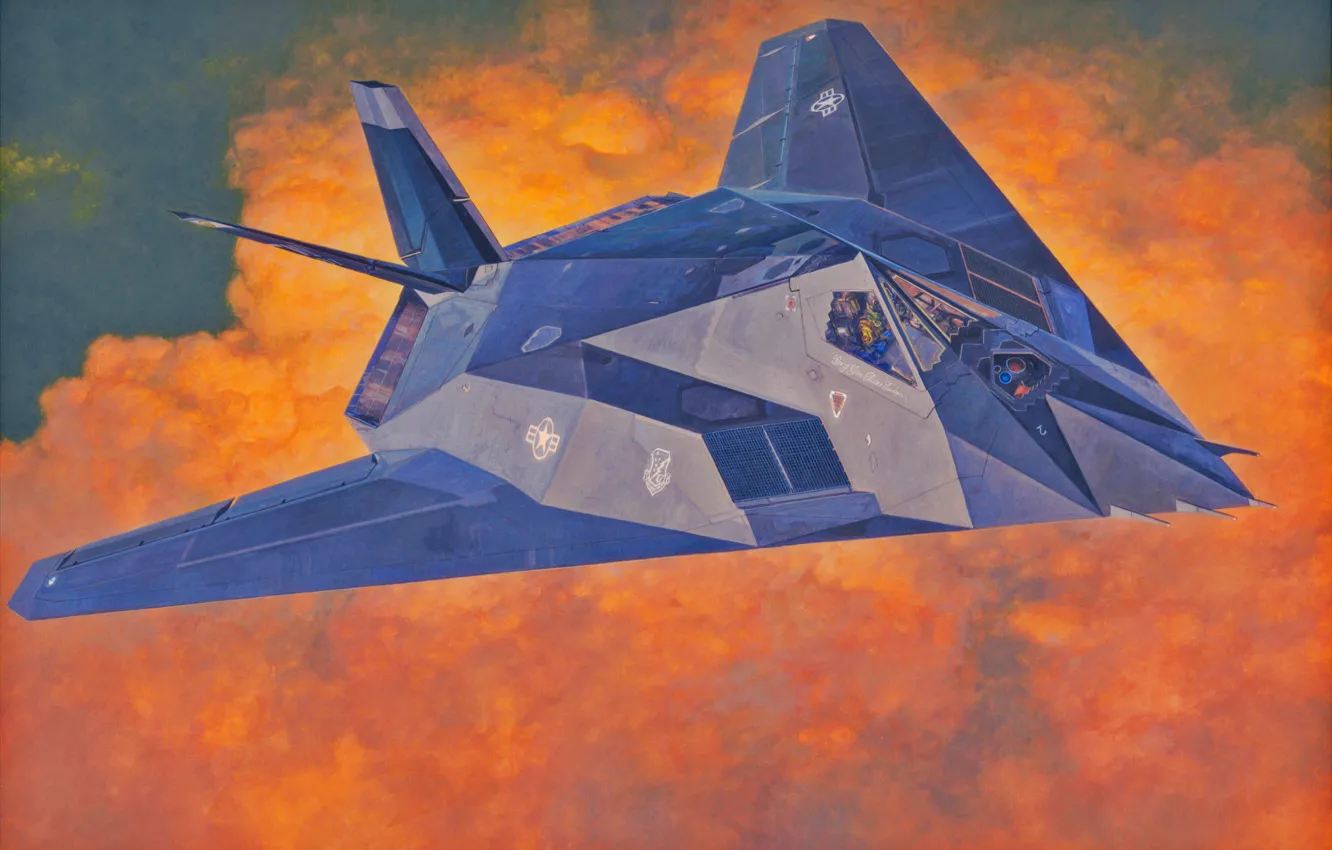 Фото обои war, art, airplane, painting, aviation, jet, stealth, F-117 Nighthawk
