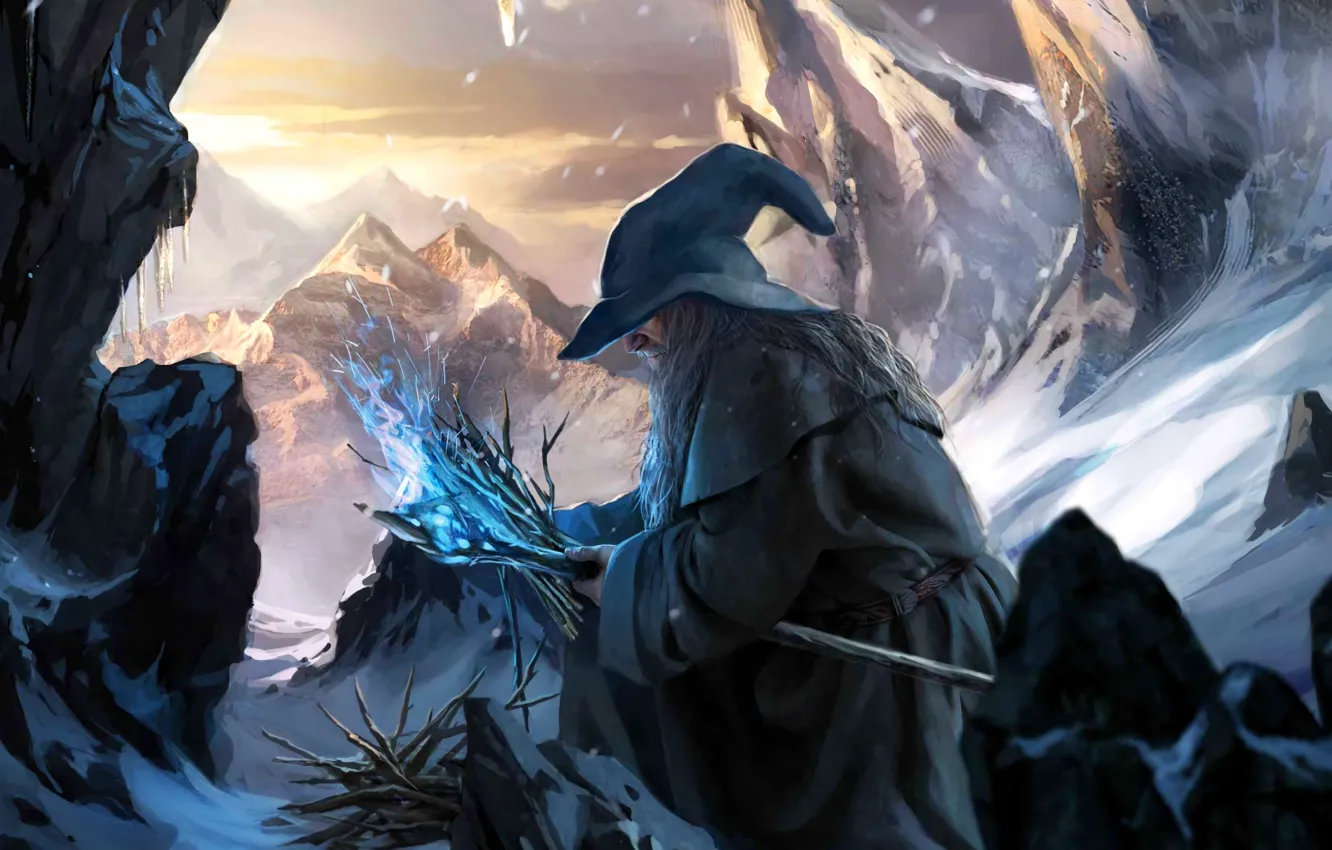 Фото обои Горы, Снег, Gandalf, Гэндальф Серый, Магический Посох