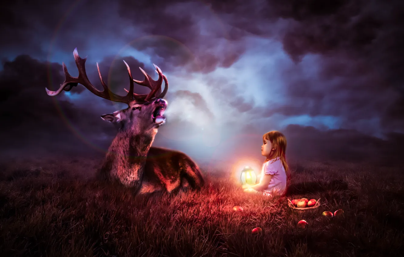 Фото обои дети, олень, Lantern Child With A Deer In The Night