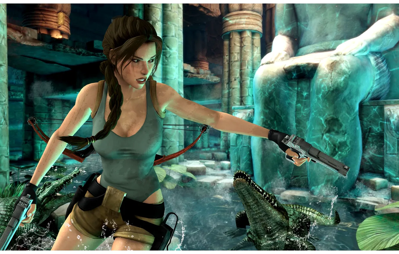 Фото обои девушка, пистолет, крокодил, lara croft, tomb raider