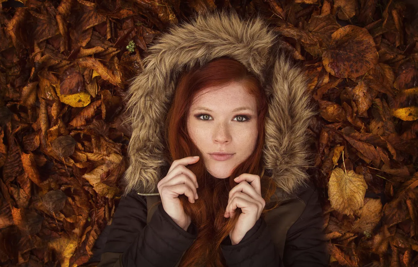 Фото обои girl, green eyes, photo, leaves, model, lips, redhead, Mia Sollis