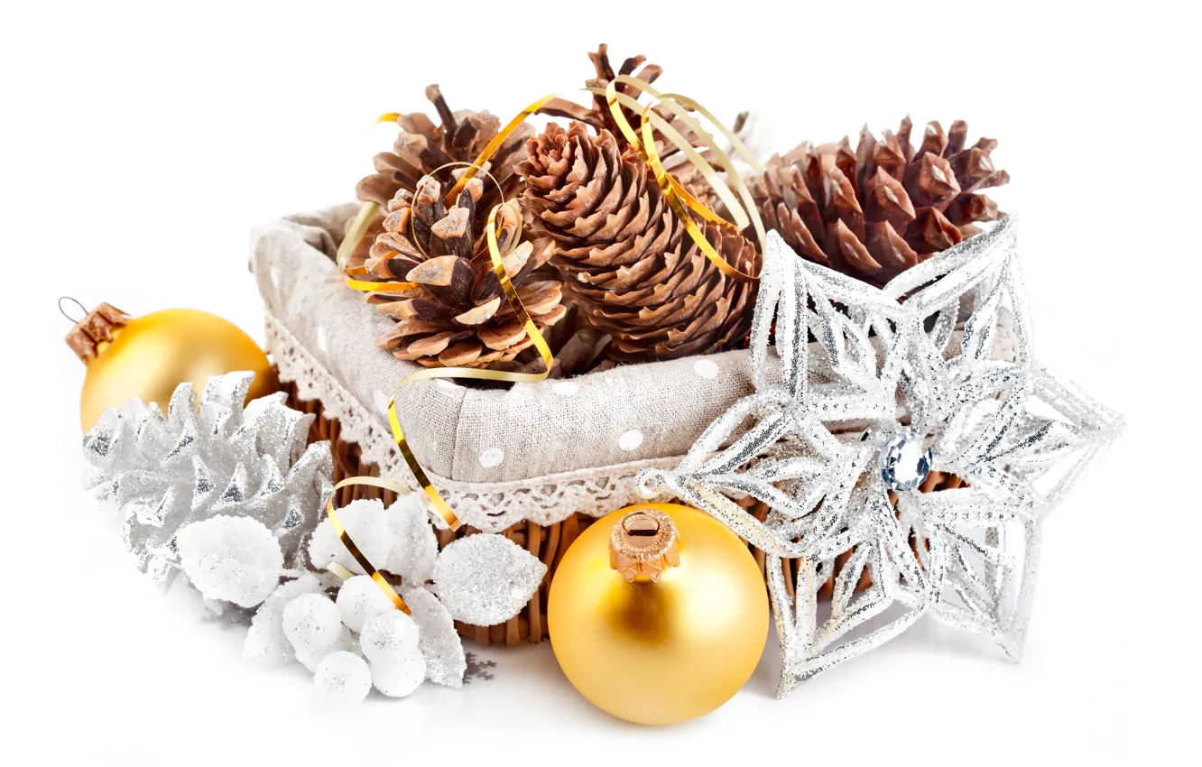 Фото обои шарики, украшения, шары, декорации, корзинка, Christmas, шишки, золотые