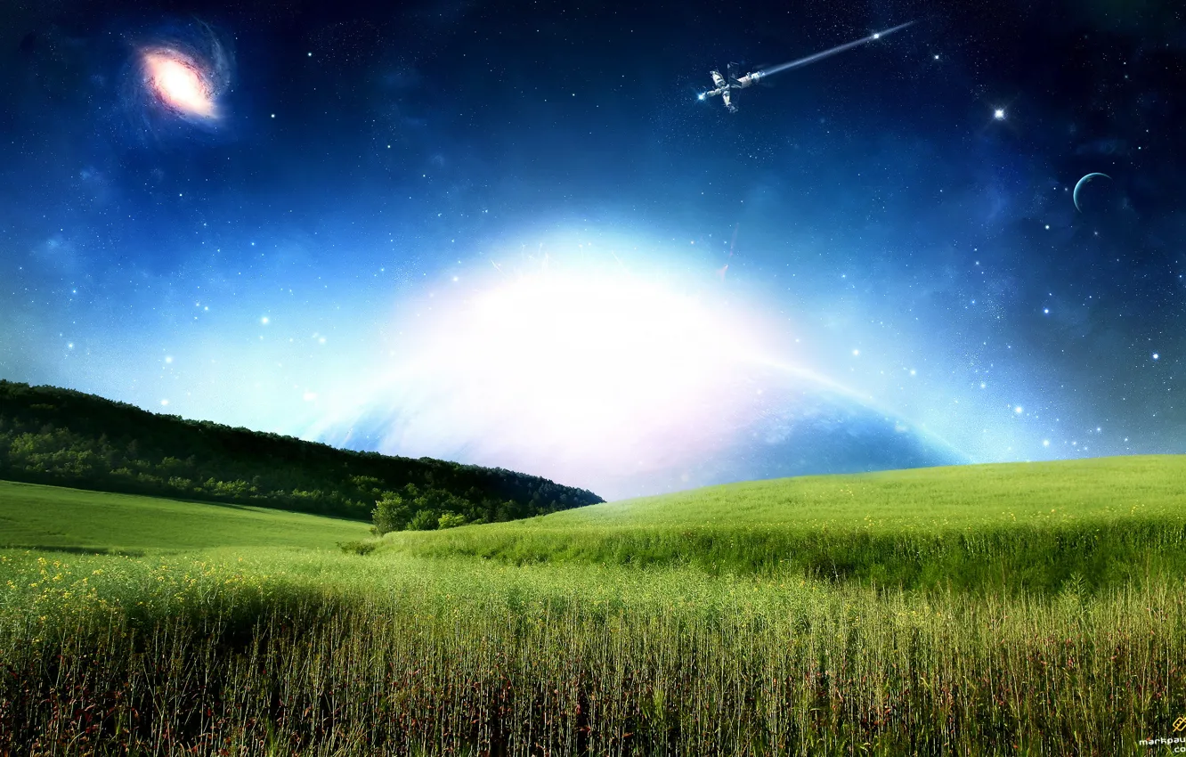 Фото обои трава, спутник, галактика