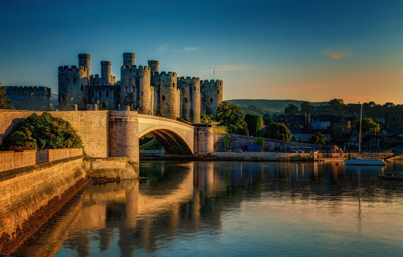 Фото обои мост, река, Великобритания, башни, Conwy Castle, графство Конуи