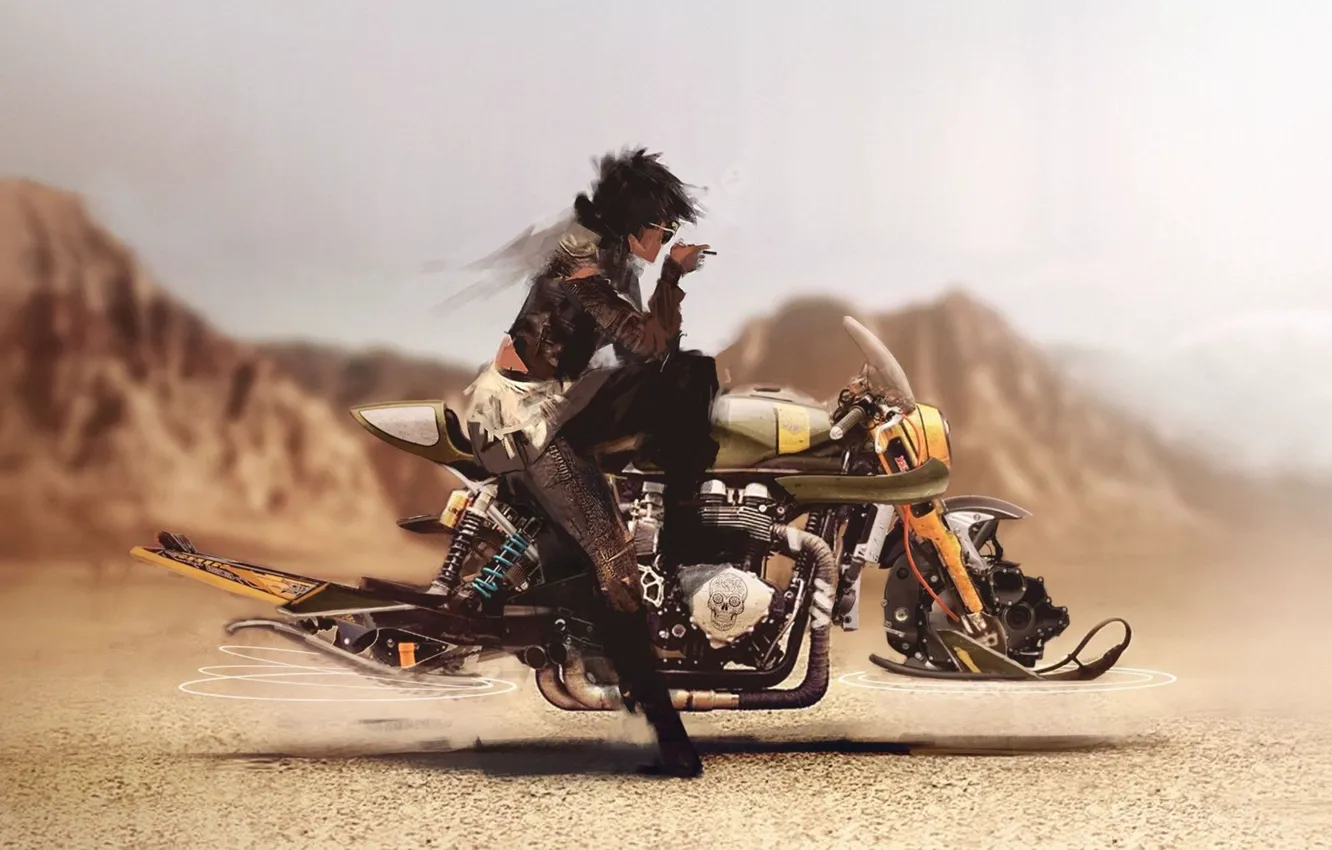 Фото обои girl, game, desert, sand, brunette, motorbike, suna, sabaku