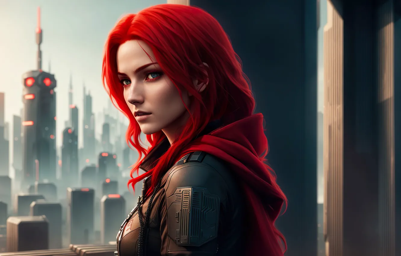 Фото обои city, future, red hair, art, fantastic, cyberpunk, digital art, Futuristic