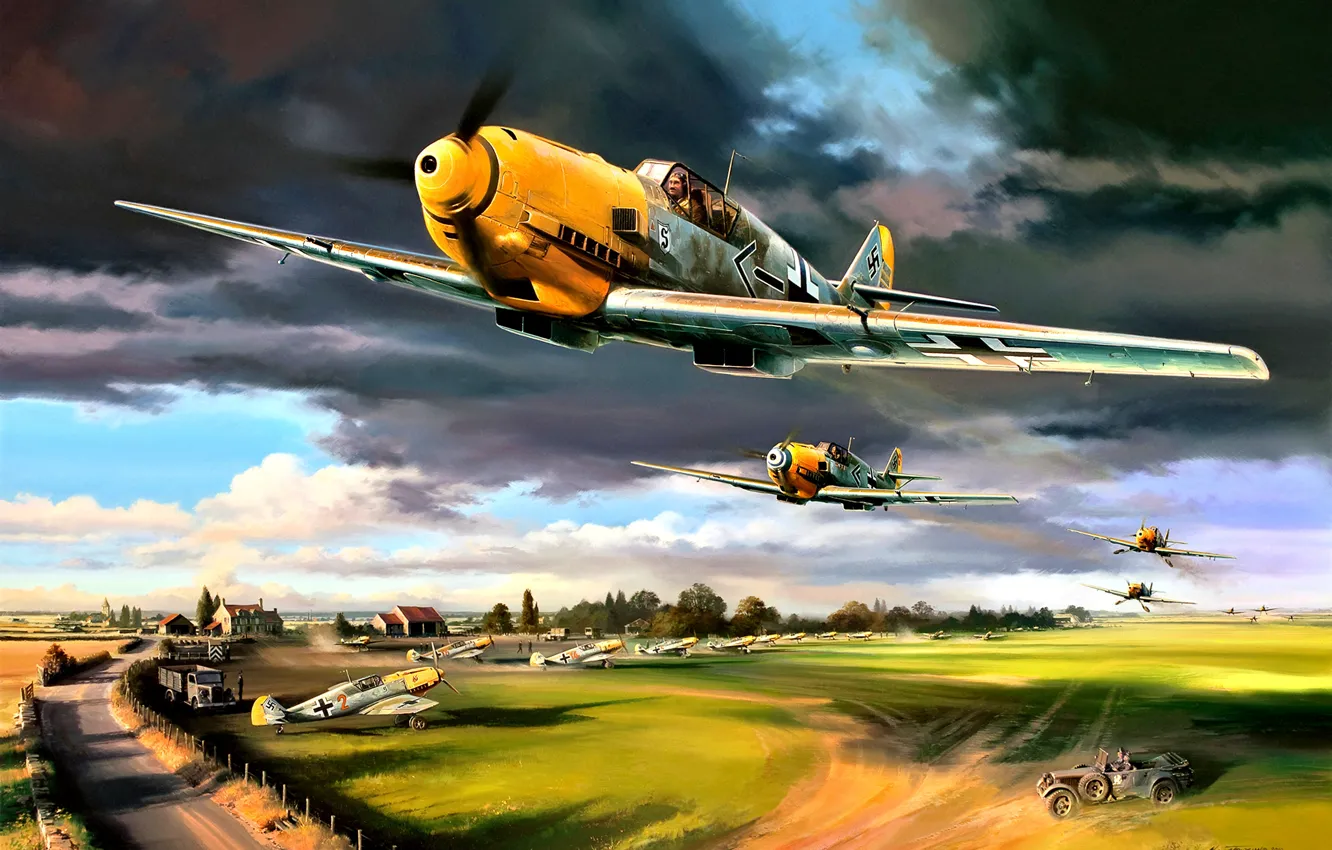 Фото обои облака, Деревья, Messerschmitt, Аэродром, JG26 Schlageter, автомашины, Bf.109E-4, Адольф Галланд
