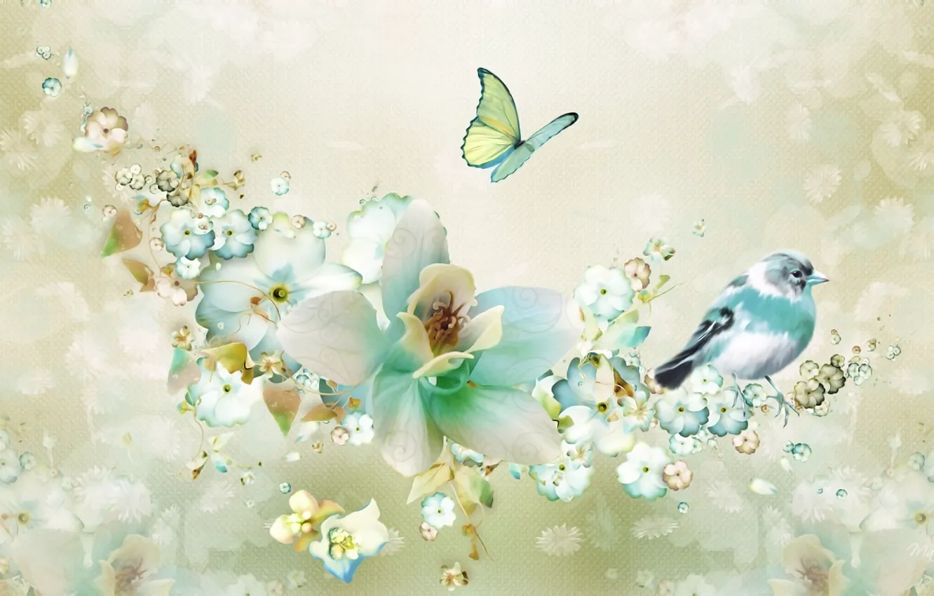 Фото обои цветы, рендеринг, фон, фантазия, коллаж, птица, бабочка, рисунок