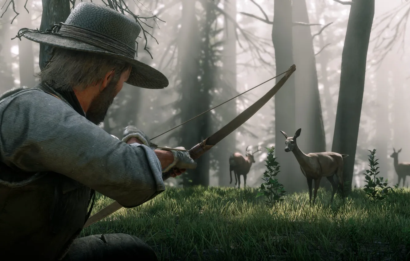 Фото обои лес, шляпа, лук, охота, олени, Rockstar, Бандит, Red Dead Redemption 2