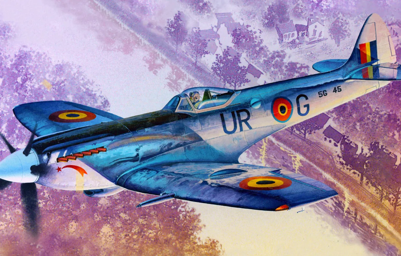 Фото обои рисунок, арт, Spitfire, Supermarine, английский истребитель, Mk.XIVE