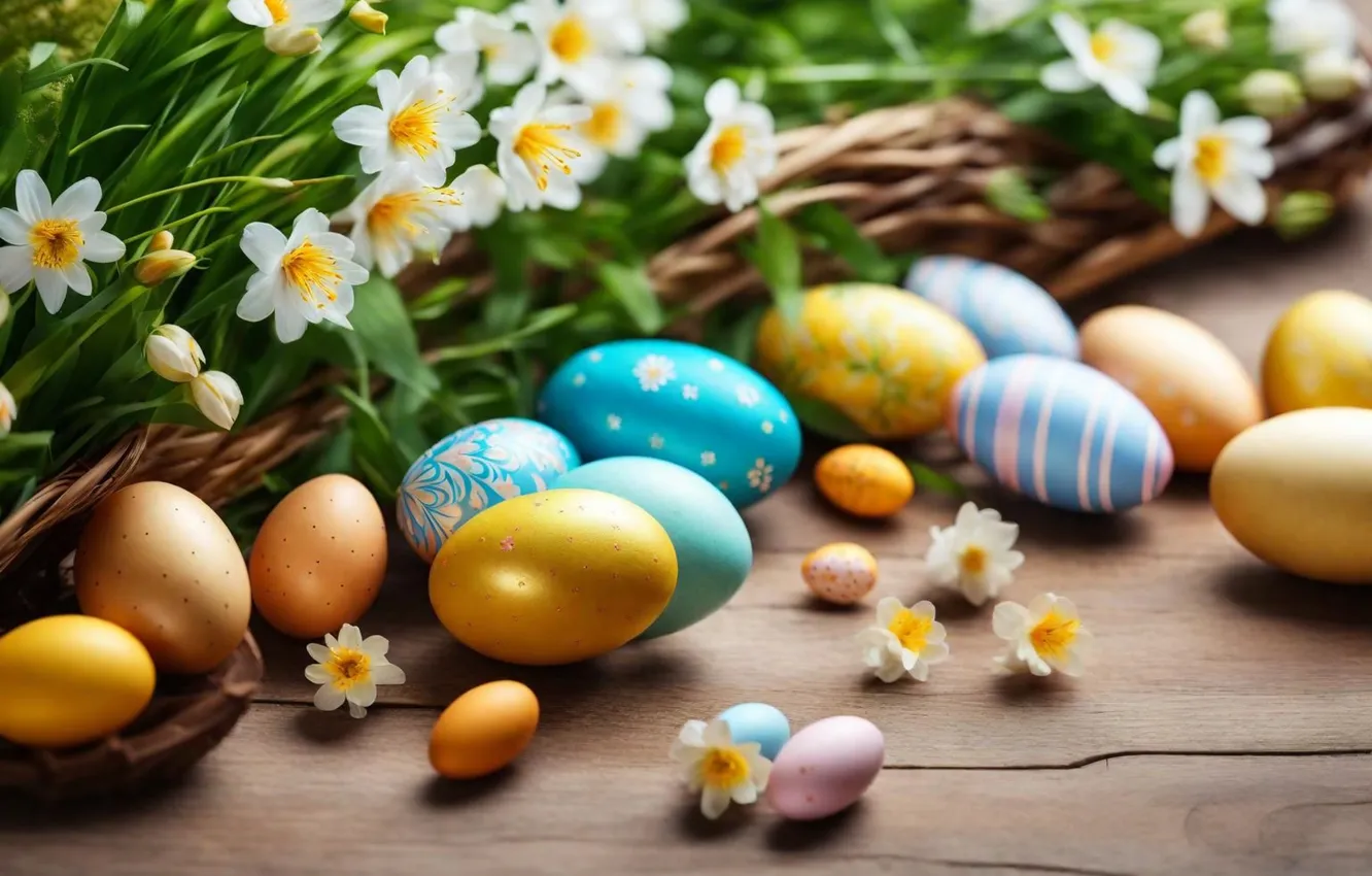 Фото обои цветы, яйца, весна, colorful, Пасха, happy, flowers, spring