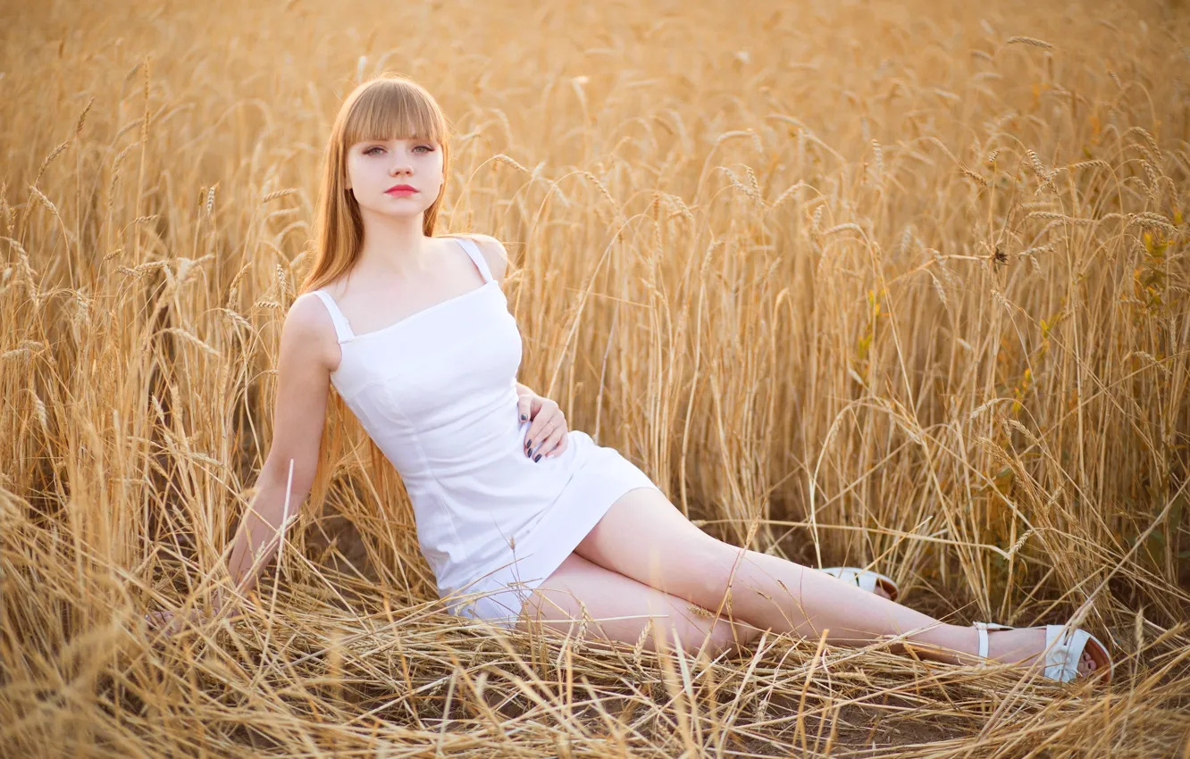 Фото обои Model, White Dress, Aleksey Lozgachev, In The Fields, Woman Outside