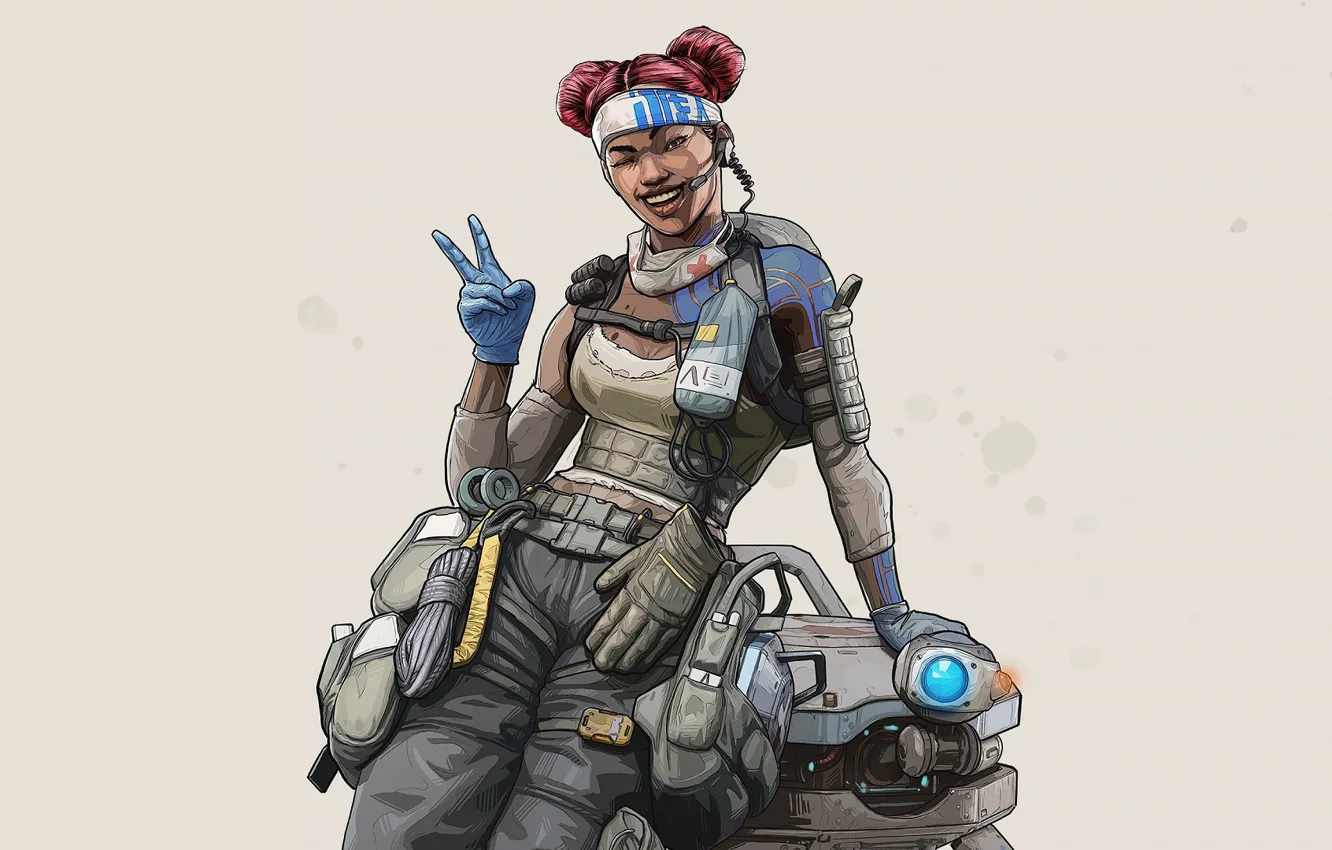 Фото обои девушка, улыбка, игра, робот, серый фон, персонажи, Apex Legends