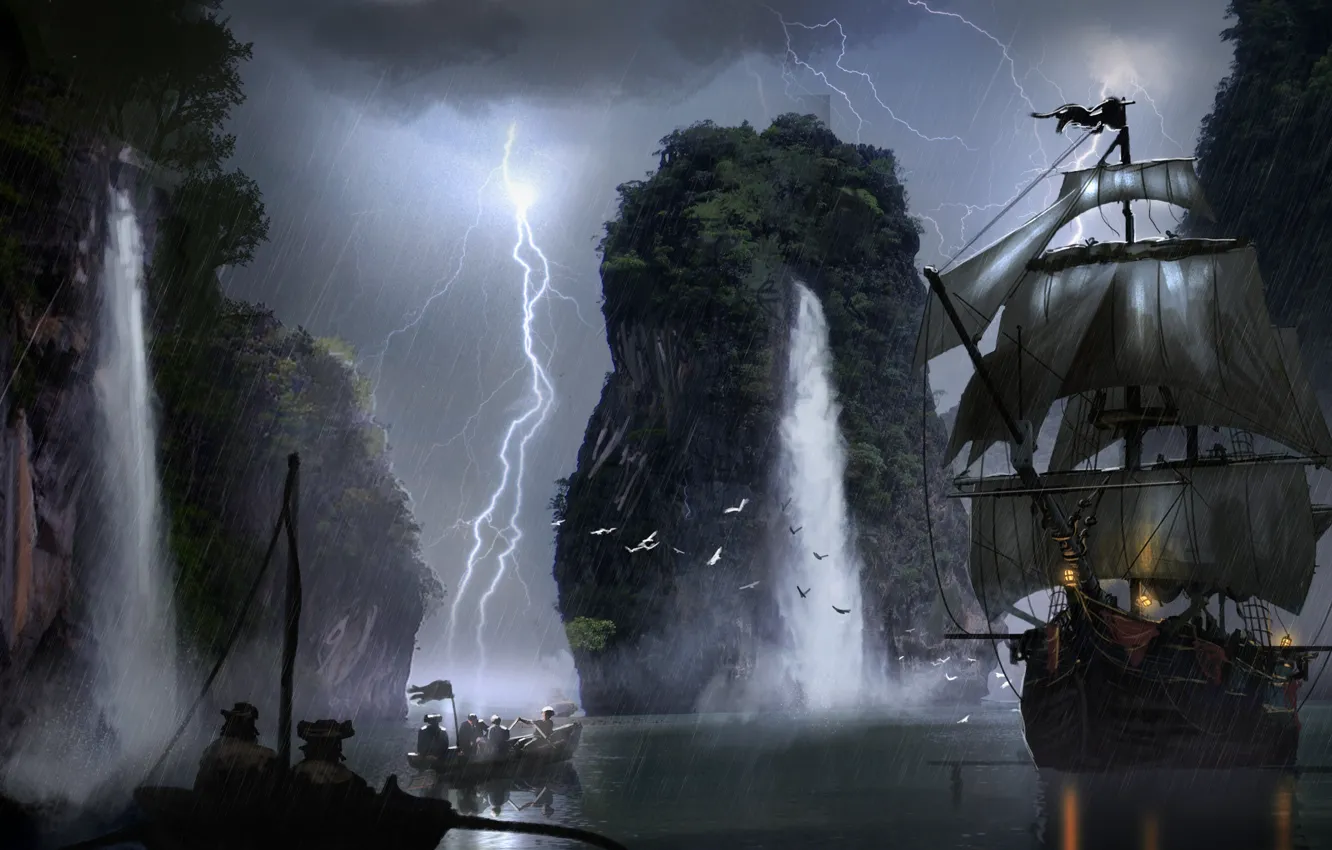 Фото обои молния, лодка, корабль, водопад, арт, паруса, пираты