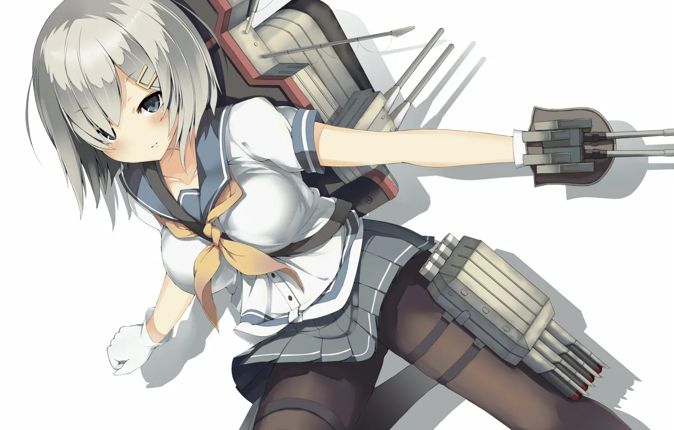 Фото обои взгляд, девушка, оружие, жест, art, смущение, kantai collection, hamakaze destroyer