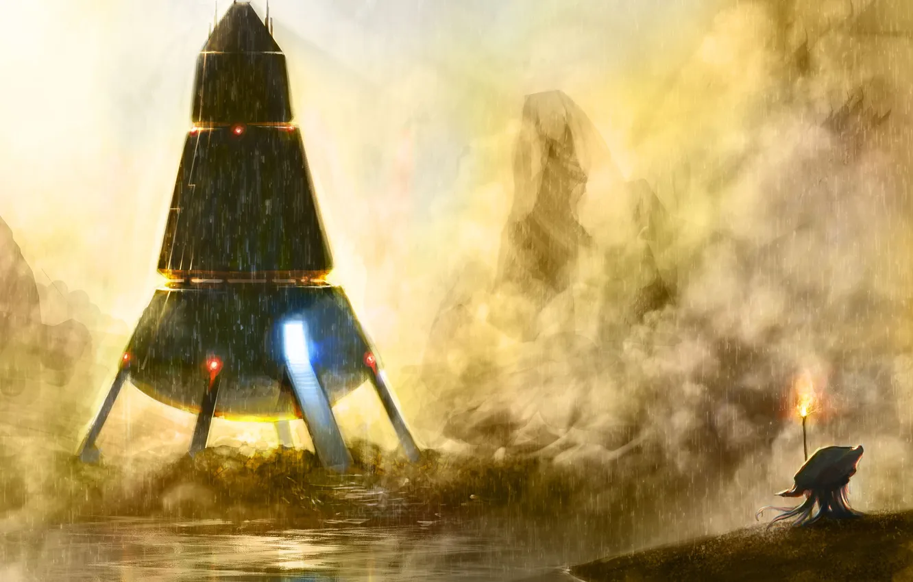 Фото обои свет, туман, дождь, скалы, факел, водоем, Космический корабль, абориген