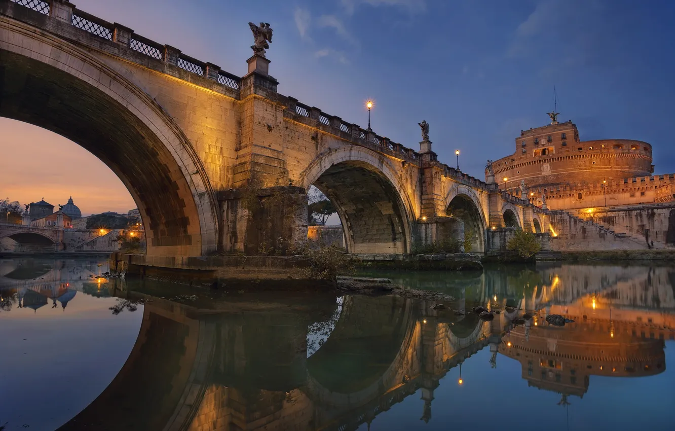 Фото обои река, Рим, Италия, Тибр, мост Святого Ангела, Замок Святого Ангела