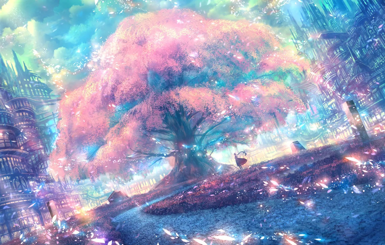 Фото обои небо, девушка, город, сакура, фэнтези, цветение