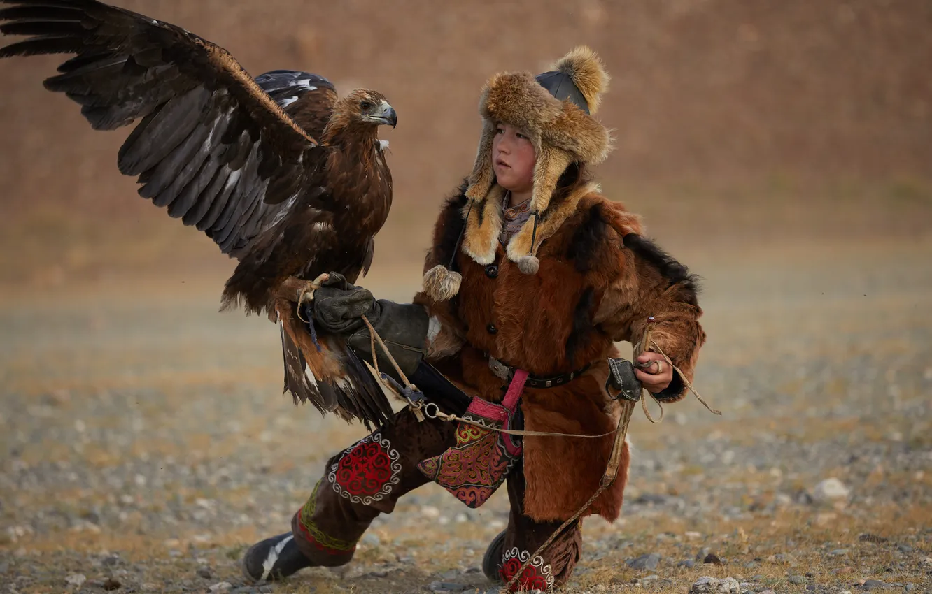 Фото обои eagle, child, Mongolia, training, eagle hunting, falconry