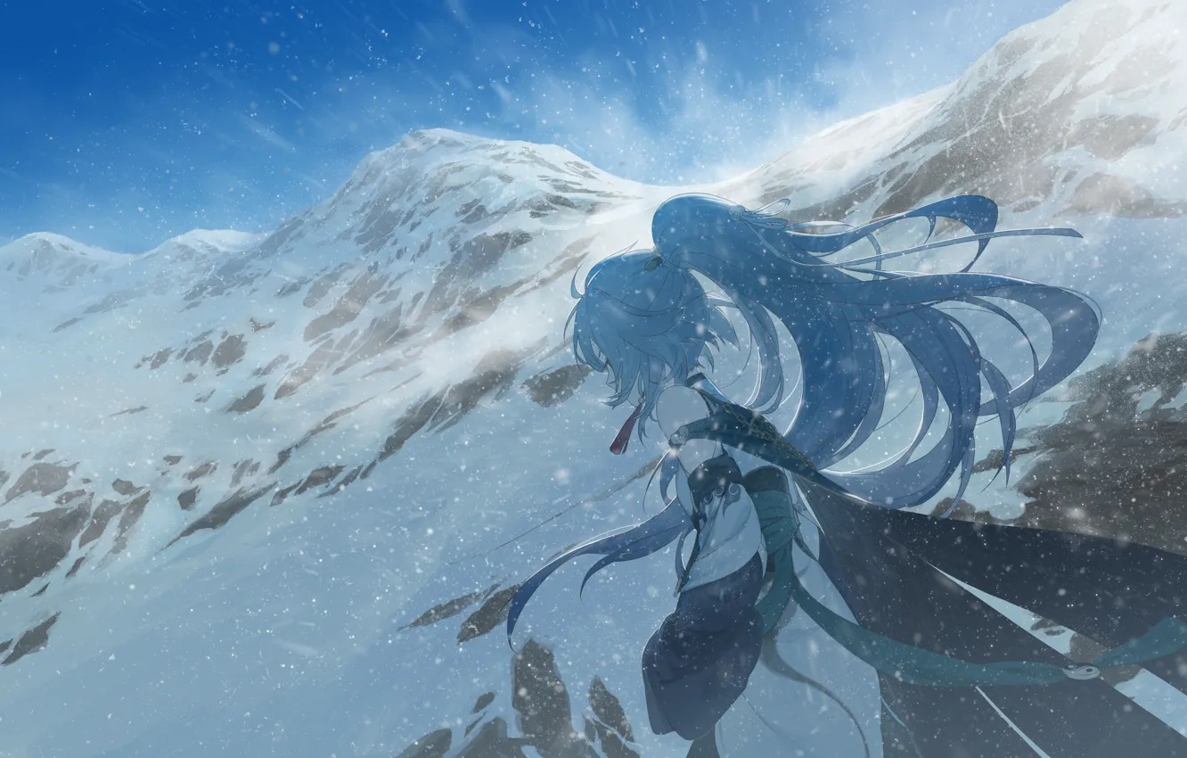 Фото обои девушка, снег, горы, Honkai Impact 3, Azure Empyrea