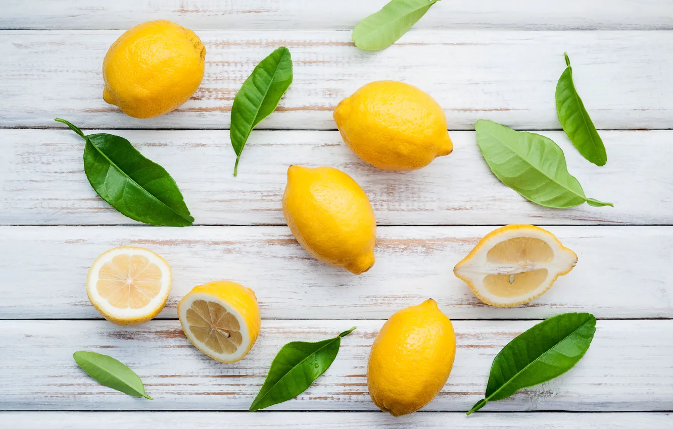Фото обои листья, лимон, lemon, fresh, wood, leaves, fruit, slice