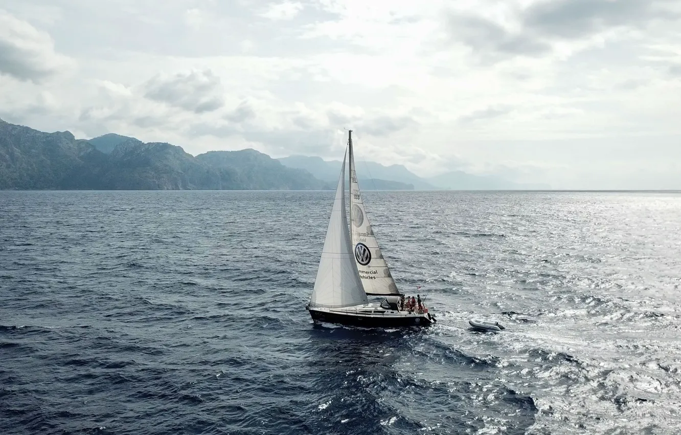 Фото обои море, горы, ветер, побережье, яхта, паруса, yachting from mountains to the sea