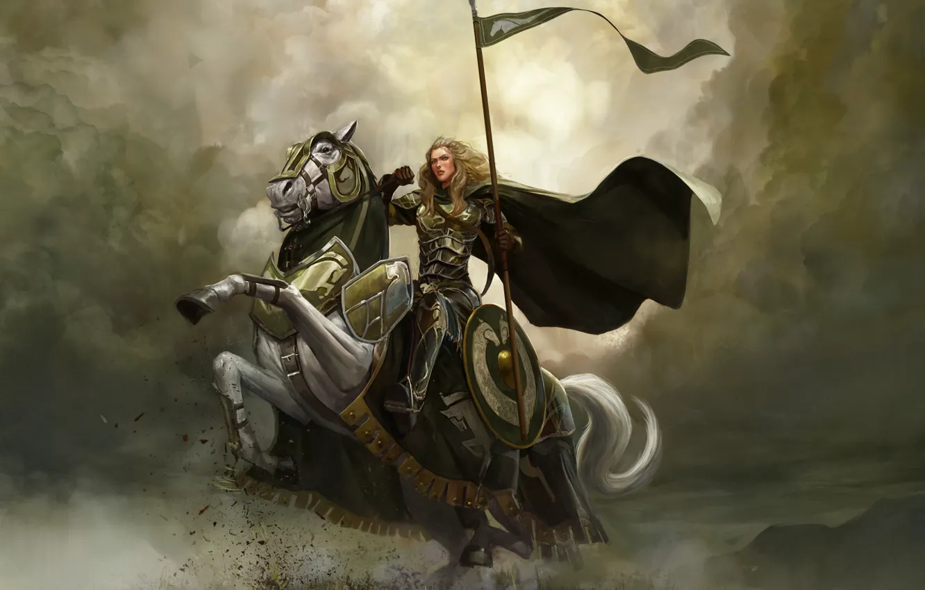 Фото обои девушка, тучи, конь, всадница, властелин колец, арт, копье, броня