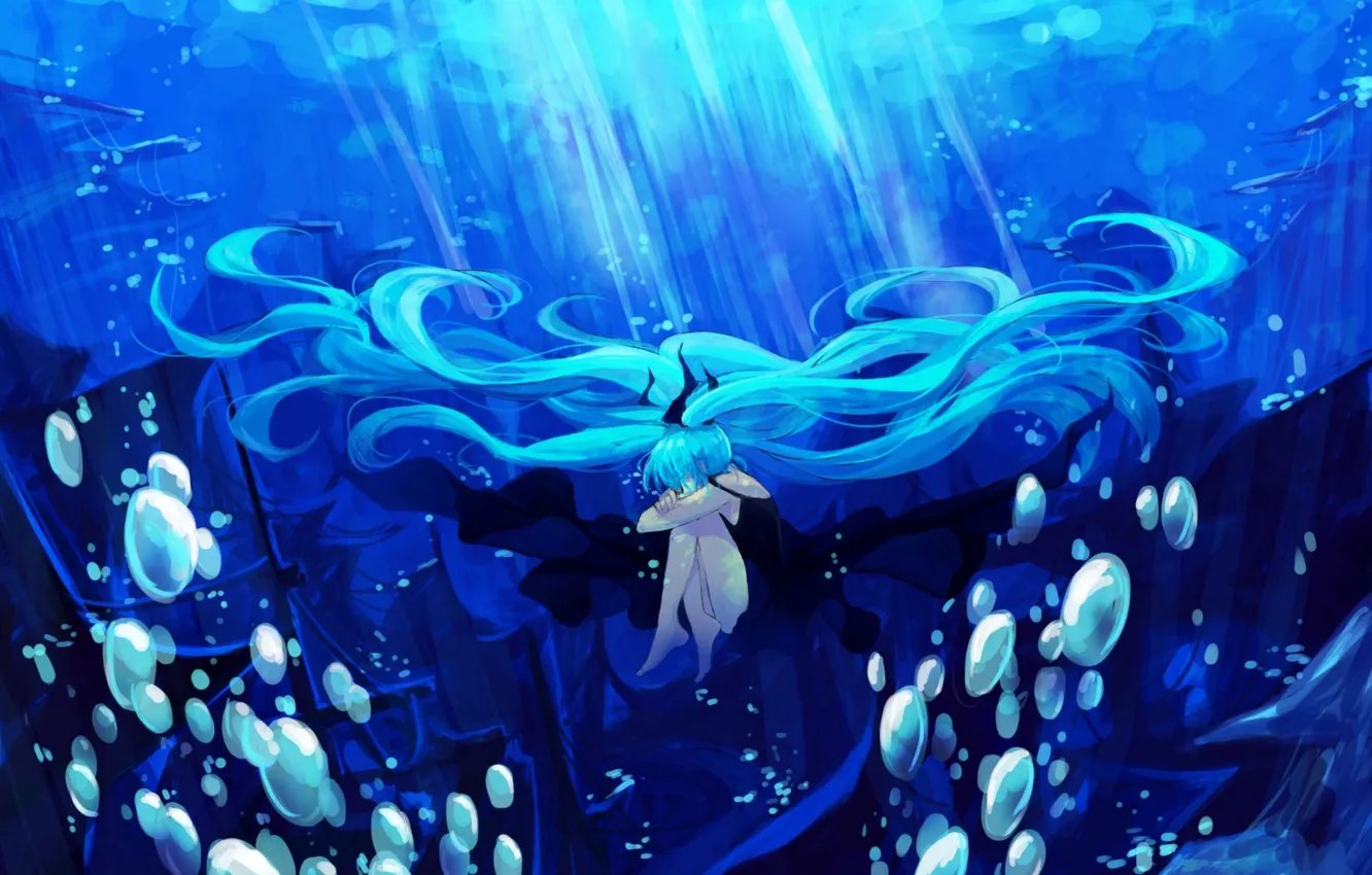 Фото обои девушка, свет, пузыри, океан, волосы, корабль, арт, vocaloid