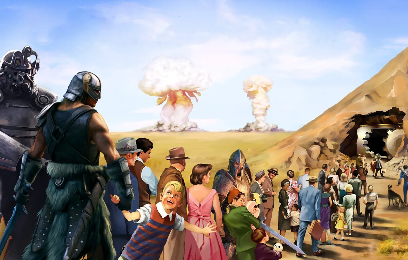 Фото обои Игра, Люди, Взрыв, Fallout, Арт, Art, Skyrim, Bethesda Softworks