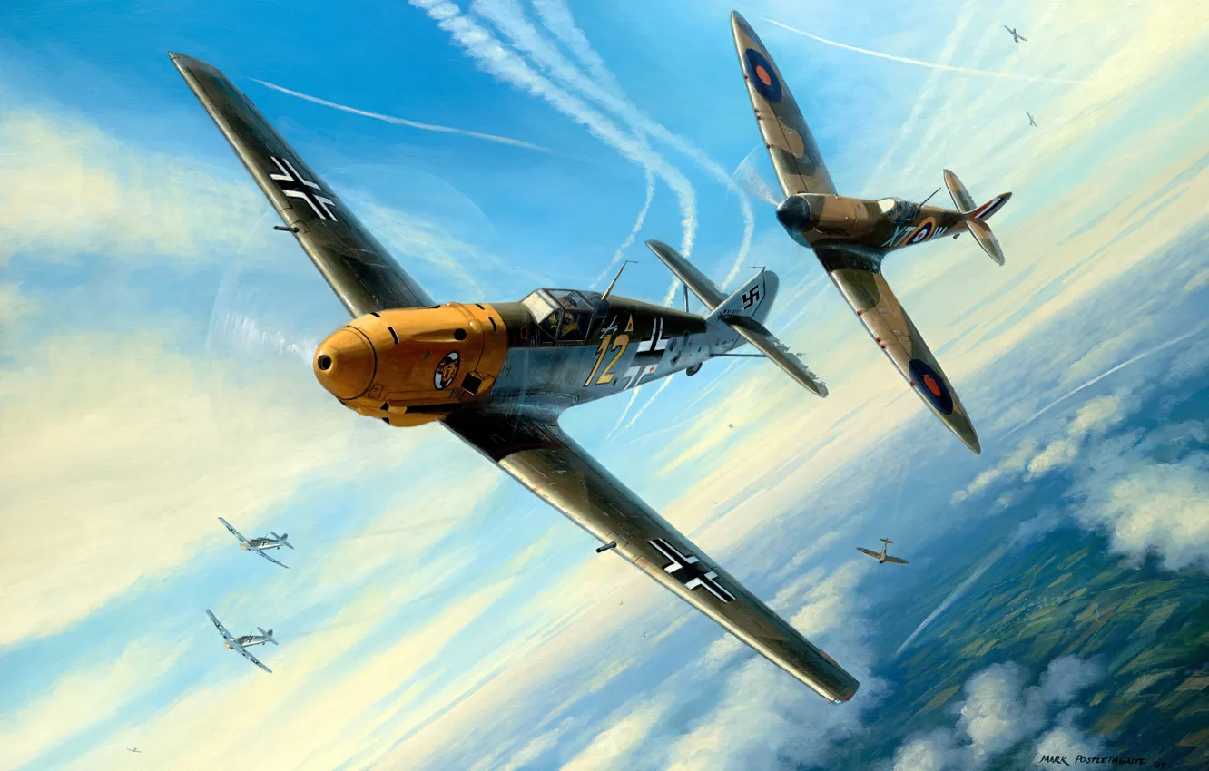 Фото обои рисунок, Messerschmitt, Битва за Британию, RAF, Luftwaffe, Вторая Мировая война, Supermarine, Dogfight
